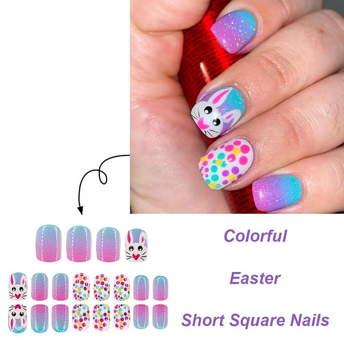 24 Pcs Easter Glitter Gradient Press on Nail Short Square Easter Big Eyed Rabbit Fake Nails Full Cover False Nails with Spring Easter Bunny Colorful Dots Designs Acrylic Nails for Women Girls Nail Art