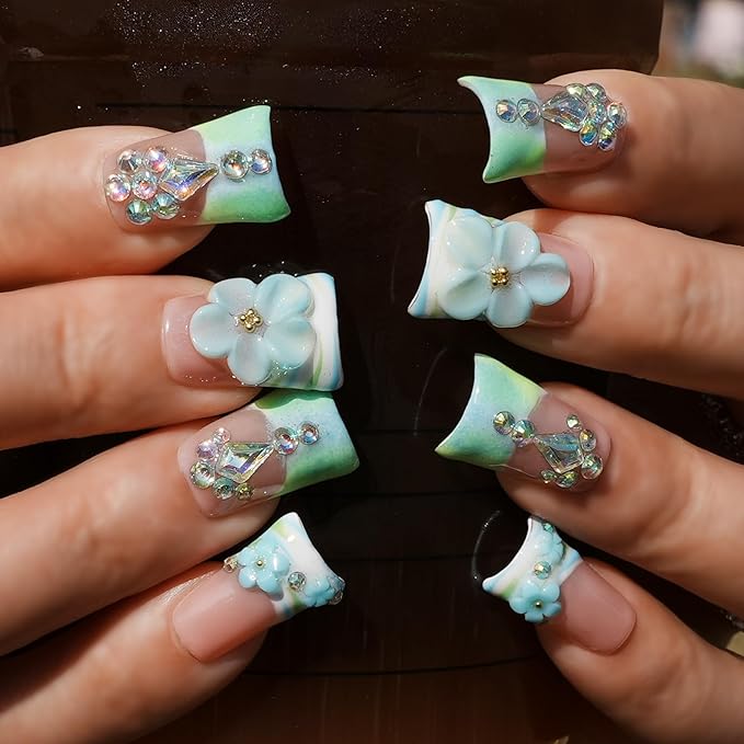 Luxury Press On Nails Handmade Short Duck Nails, Mint Green Ombre French with 3D Floral Charms, Bling Crystal False Nails, Glossy Art Designs Reusable Acrylic (Misty Blue Floral Glitz,M)