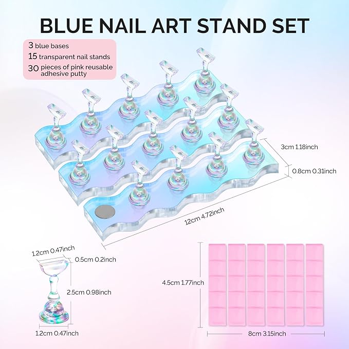 MelodySusie Nail Stand for Press Ons, 3 Sets Blue Acrylic Magnetic Base for Painting Display Holder with Reusable Adhesive Putty for Home DIY Salon Supplies