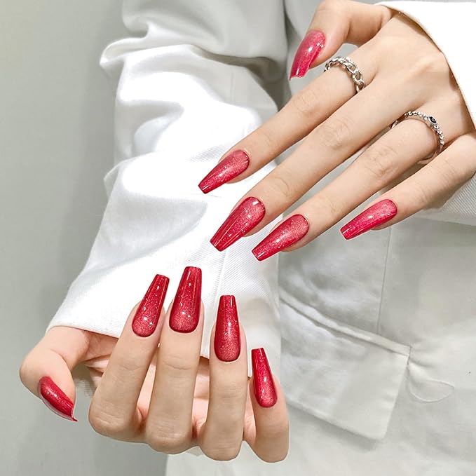 Dark Red Cat Eyes Press On Nails,12 Sizes-24 Pcs Soft Gel Red Medium Coffin Fake Nails Kit with Nail Glue, Natural Reusable Stick On False Nails for Women and Girls SK1000