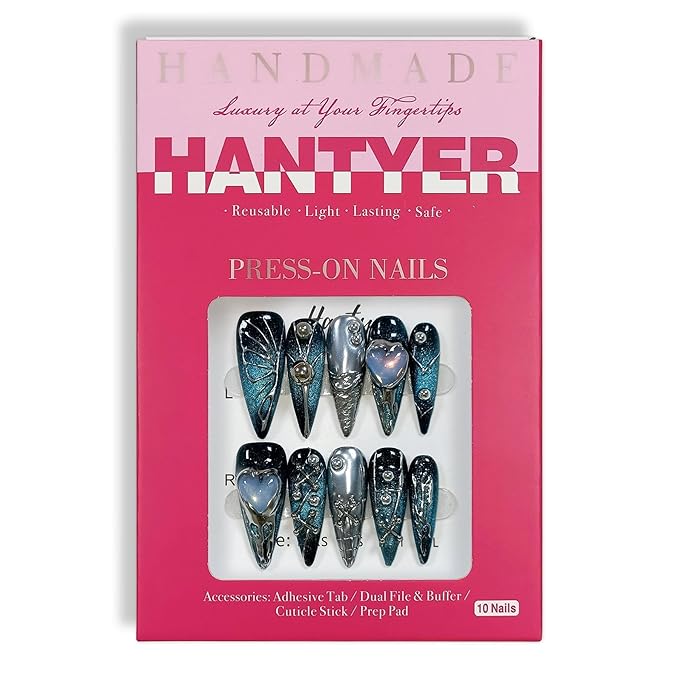 Goth Press on Nails, Long Stiletto Glossy Nails in Black & Metallic Silver, Hand-Painted 3D Crosses & Butterflies with Blue Cat Eye, Celestial Style for Raves & Cosmic Parties (Size XS)