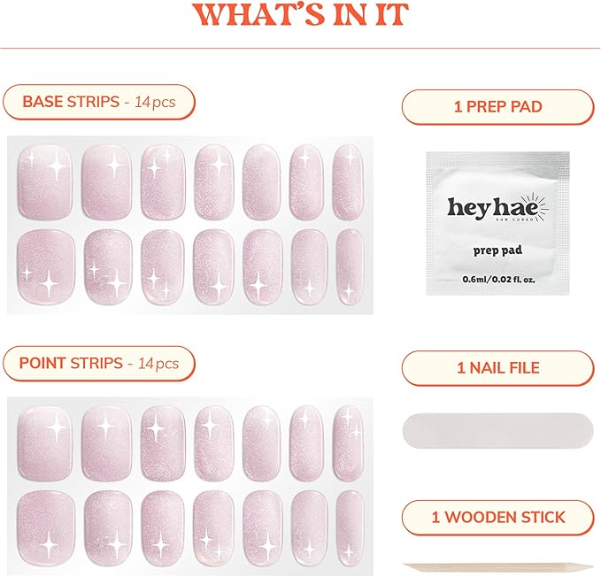 Heyhae Semi Cured Gel Nail Strips | No LED Lamp Needed | Glitter, Pink | Easy Apply & Remove, Salon Quality | Includes 28 Strips, 1 Prep Pads, Nail File & Wooden Stick - Hey, Attention Please!