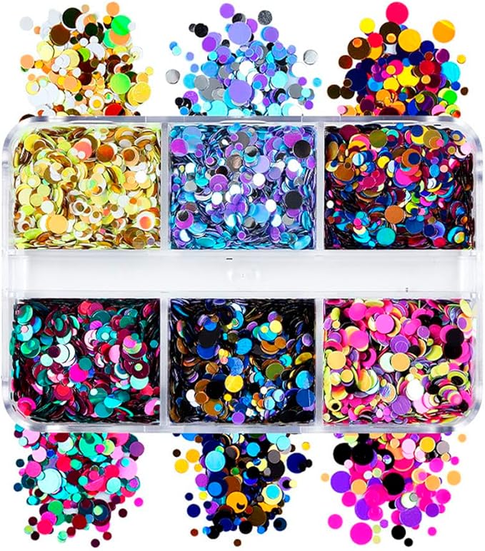 Nail Art 3D Round Sequin Holographic Glitter Nail Colorful Mixed Size Circle Flake Sparky Confetti Design Decoration DIY Accessories for Women 6Colors