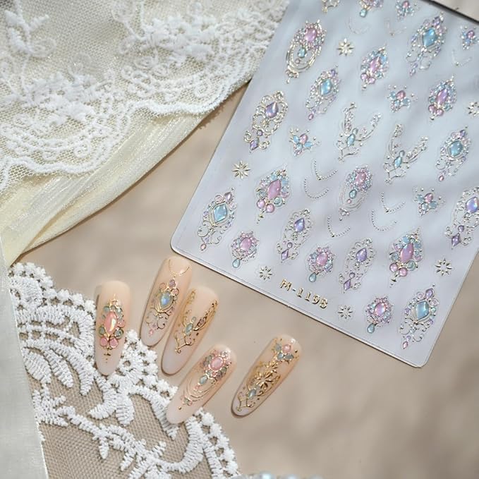 Silver Nail Stickers 3D Self Adhesive Laser Gem Nail Art Stickers 5D Embossed Aurora Star Jewelry Ribbon Nail Decals Vintage Style Totem Nail Art Supplies Diamond Nail Design for Women Girls 1 Sheets