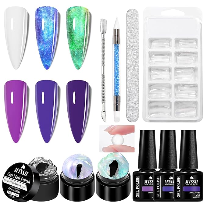 MTSSII 3d Gel Nail Art Set: White Aurora Blue Green Non Stick Hand Solid Builder Gel All-in-1 Kit for Carving Extension Blue Purple Nail Polish Home DIY