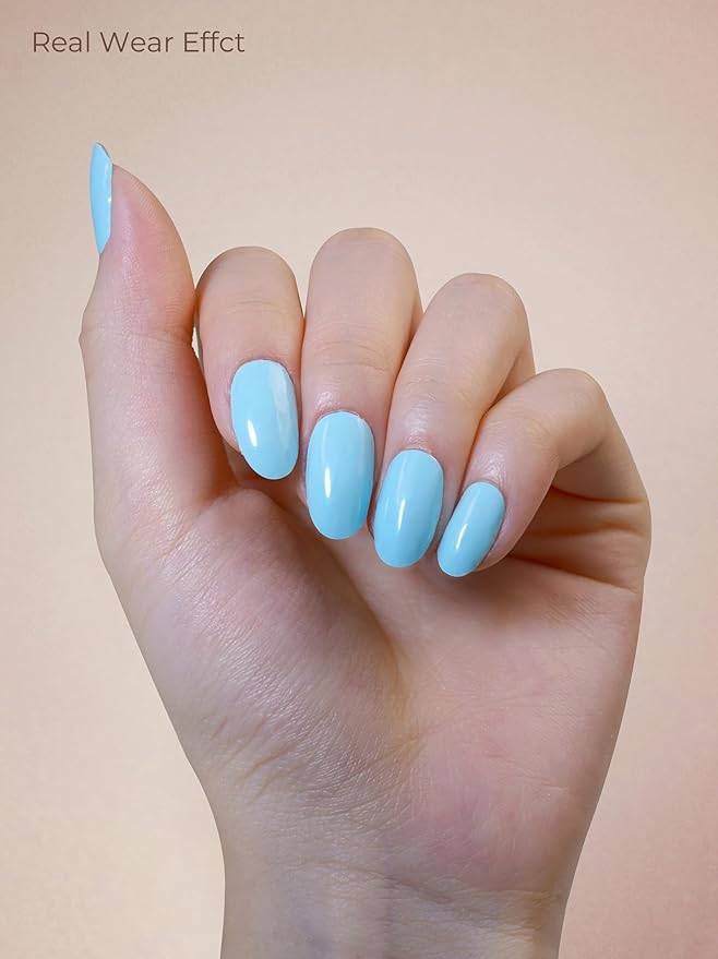 Pre Cured Gel Nail Strips - 44PCS Salon Quality Gel Nail Stickers - Long Lasting Polish Wraps for Women no UV Light Needed Easy Apply & Remove (ICY Blue)
