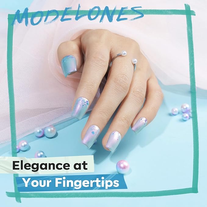 modelones Blue Nail Polish Set, 6 Colors Spring Summer White Green Glitter Pearl Mermaid Quick Dry Mini Starter Kit, Long Lasting Art DIY Manicure Set at Home for Women Girls