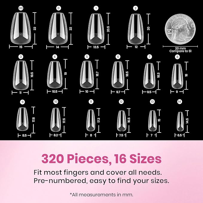Beetles Gel Nail Tips Flat-X - Coffin Short, 320pcs 16 Sizes, Pre-Etched Half Matte Full Cover Soft Acrylic Press on False Nail Extension Tips Easy DIY Salon Art for Flat & Natural Nail Beds