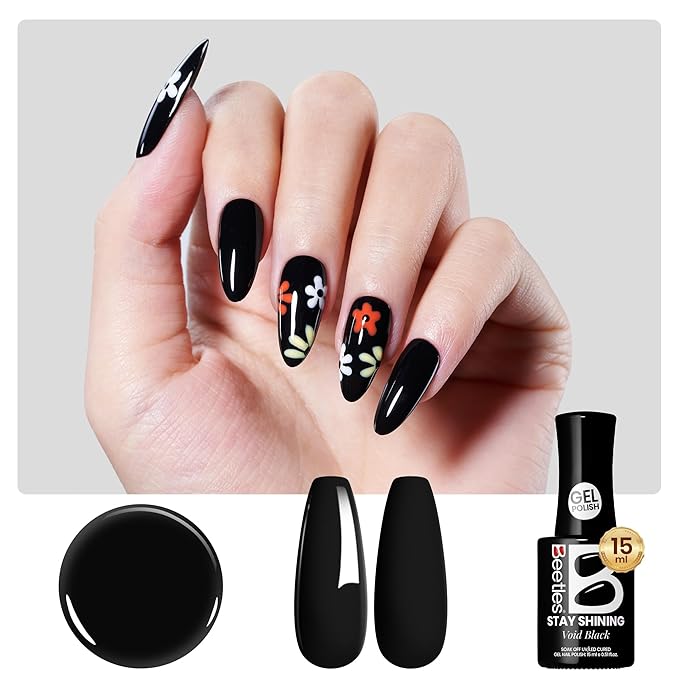 Beetles Black Gel Polish - VoidBlack 15ML/0.51Fl Oz, Black Gel Nail Polish, Same Color Same Bottle STAY SHINING, Soak Off UV LED Lamp Classic Nails Art, Manicure Salon DIY Home Nails