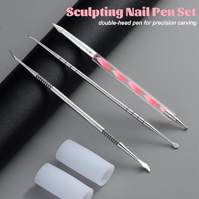 Nail Art Sculpture Pen, 3PCS Double-head Stainless Steel 3D Gel Art Sculpting Pens Dotting Tools Acrylic Powder Flower Design Carving Modeling for Builder Gel Chrome Powder Applicator Manicure