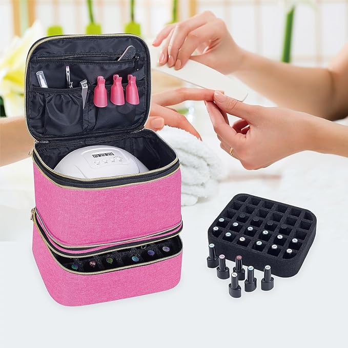 Nail Polish Organizer, Handheld Double Layer Nail Polish Storage with Adjustable Dividers, Holds 30 Bottles (15ml/0.5 fl.oz) for Nail Polish Lamp Manicure Tools and Essential Oil, Wine