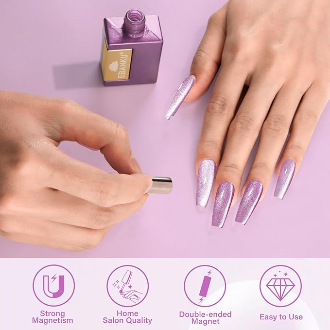 EBANKU Purple Cat Eye Gel Nail Polish, Cat Eye Gel Polish with Magnet 15ML 0.5 OZ Holographic Glitter Shimmer Translucent Jelly Color Magnetic Polish Salon DIY at Home