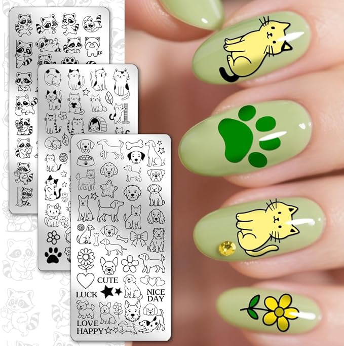 PH PandaHall 3pcs Animals Nail Stamping Plates Cute Cats Dogs Nails Art Templates Pets Raccoons Manicure Image Plates Lovely Puppy Nail Art Stencils for Women Manicures Salon Design Printing