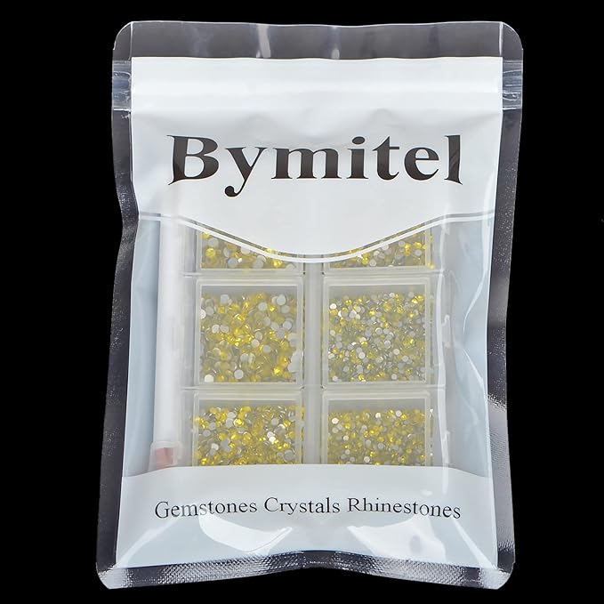 Bymitel 7200 Pieces 6 Mixed Sizes Glue Fix on Glass Rhinestones Round Crystal Gems Flatback for DIY Jewelry Making with one Picking Pen (6-Sizes 7200PCS, Citrine)
