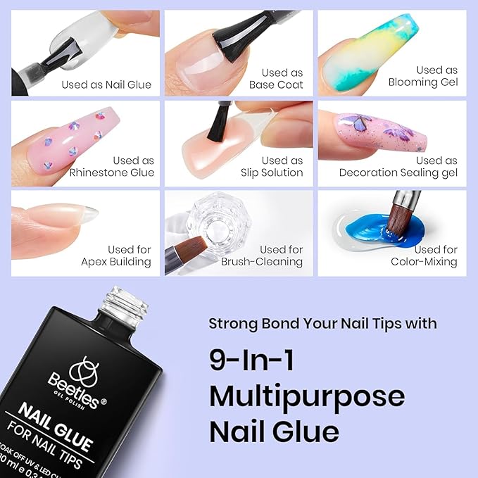 Beetles 3Pcs Gel Nail Glue Nail Dehydrator and Primer, Professional Nail Prep Acid-Free Hema-Free Dehydrate Bond Primer 9 in 1 Gel Glue Kit for Press On Nails Nail Tips Nail Extension Gifts for Women