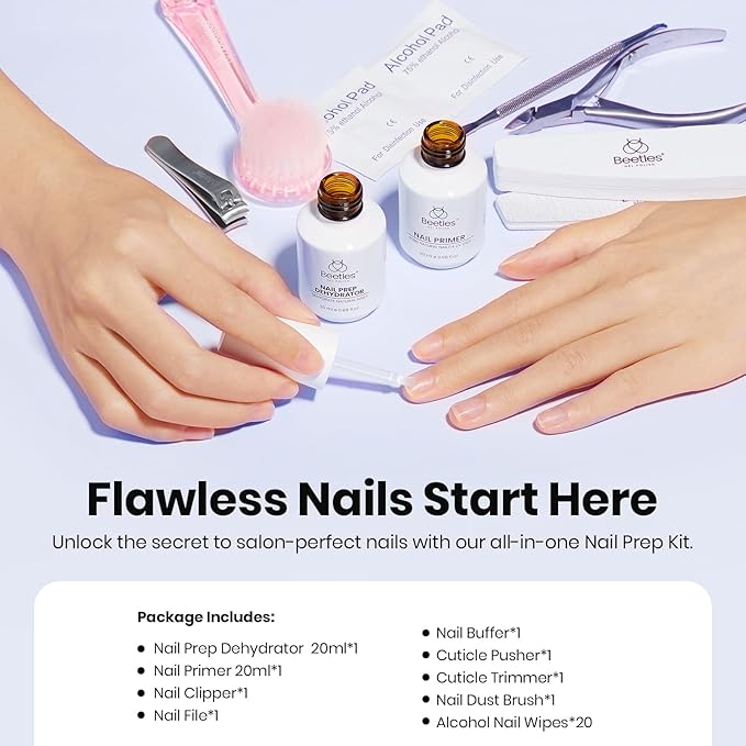 Beetles Nail Dehydrator and Primer Nail Prep Care Tool Kit 20ml Large Capacity Acid-Free and Hema Free Dehydrate Bond Primer with Manicure Tools Gifts for Women