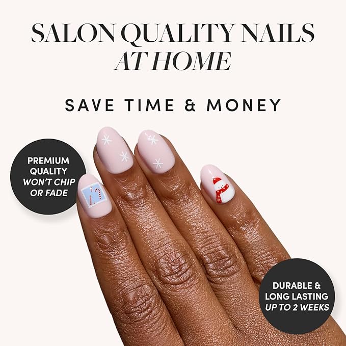 Glamnetic Press On Nails – Cocoa & Kisses | Short Oval Fake Nails in Nude Base with Festive Winter Graphics, Glossy Finish, Salon Quality Holiday Nails | 15 Sizes, 30 Nail Kit with Glue