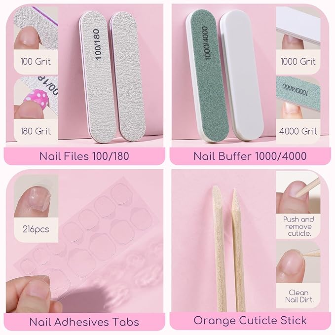 Teenitor 216pcs Press on Nails for Girls, 9 Colors 10 Sizes Press On Nails for Kids Fake Nails Little Girl Nails, Short Acrylic Nails with Nail Adhesive Tabs, Nail File Buffer