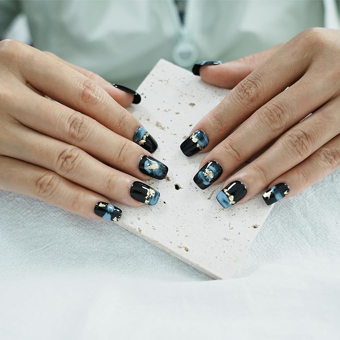 Short Coffin Press on Nails - Handmade Black Fake Nails with Blue Ombre Glitter Gold Foil Design, High Gloss Acrylic Nails for Women, Party, Daily Wear (Playful Doodle,L)