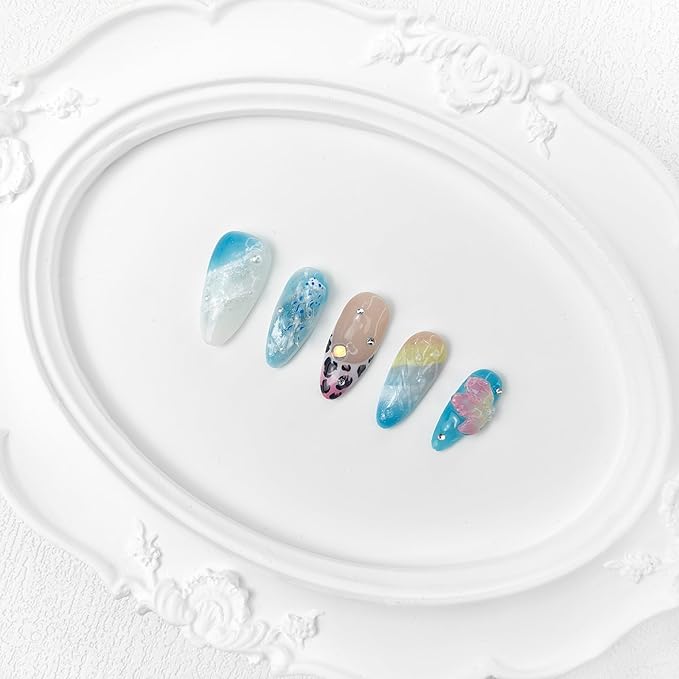 2025 Tide Kissed Pearl Sea Blue Press-On Nails Handmade PMMA Acrylic Reusable Tips with Box Gifts for Women (Tide Kissed, M)