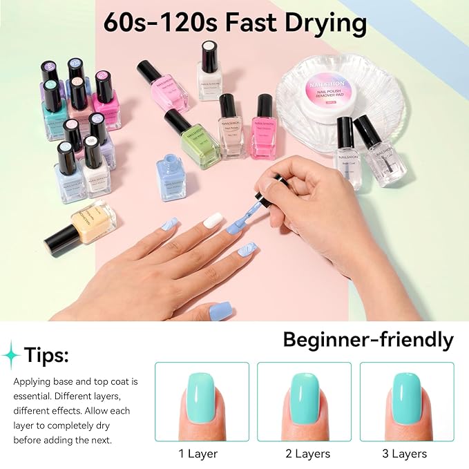 Pastel Nail Polish Set-16 Colors Macaron Pink Blue Yellow Nude Pink Purple Air Dry Nail Polish Set with Base Top Coat & Remover Pads,Vegan, Non-gel Air Dry Salon DIY Nail Art Design Kit