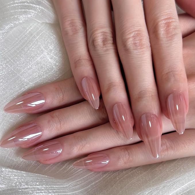 24PCS Almond Medium Press On Nails - Rose Gold Mirror Chrome & Soft Pink Ombre, High-Shine Stiletto Fake Nails for Bridal & Party Glam