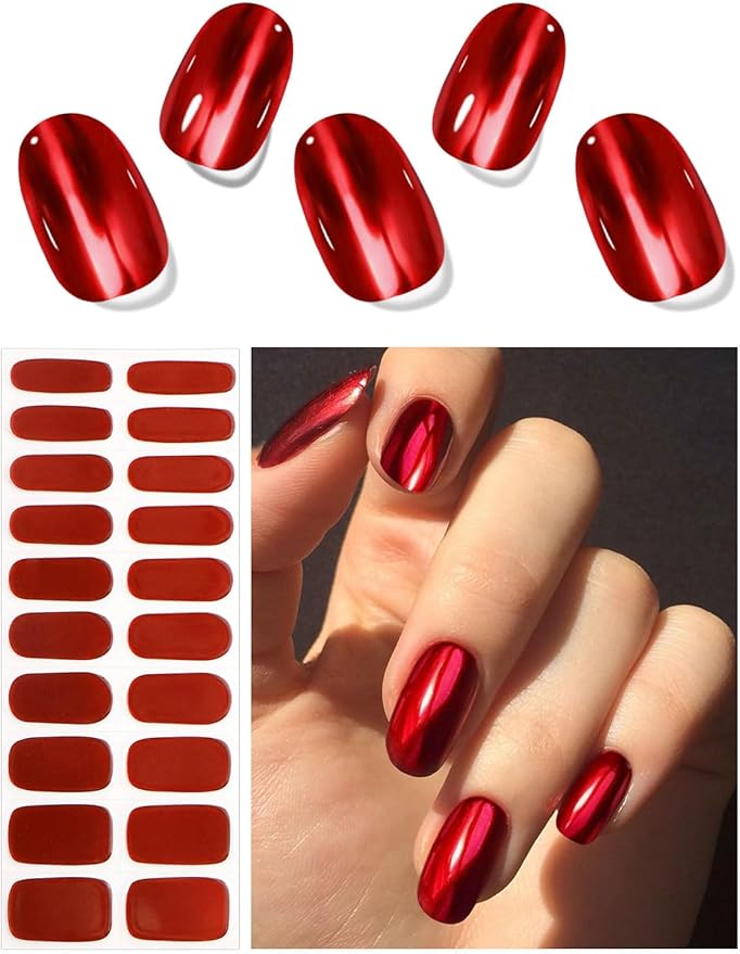 JMEOWIO Gel Nail Stickers Dark Red Semi Cured Gel Nail Strips Wraps UV/LED Nails Art Design Decoration Accessories