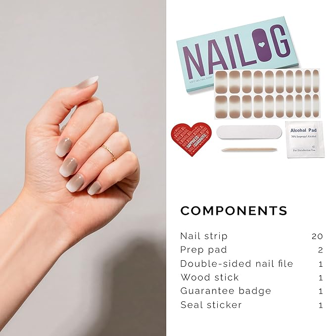 NAILOG Semi Cured Gel Nail Strips (20 Extra Long Polish Stickers/Wraps) │ Glossy & Long Lasting Soft Gel Finishing (Caffe Latte)