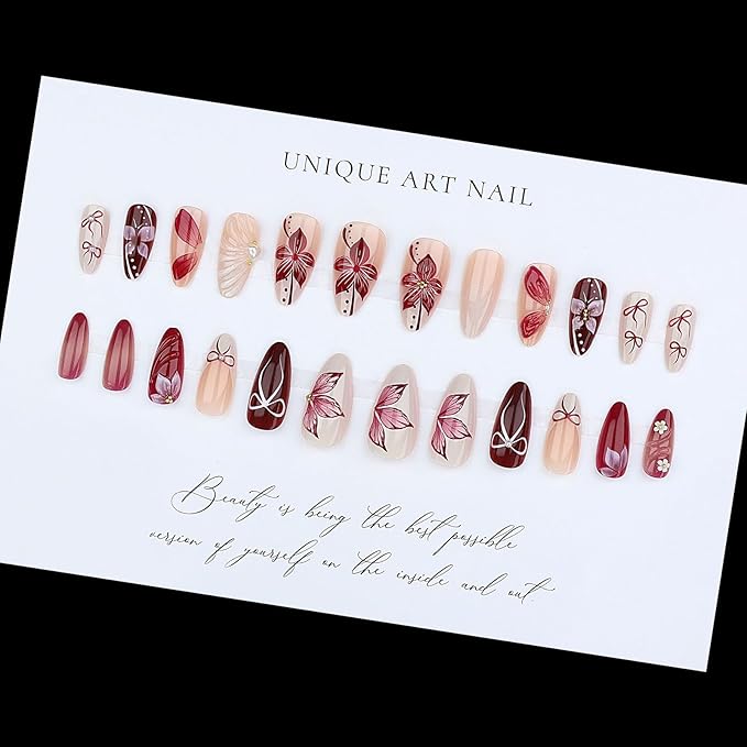 Almond Press On Nails Medium Flower Fake Nails, Bow Nails Press Ons With Pearls Designs,Reusable Full Cover French Acrylic Nail, Glossy Glue On Nails For Women Nail Accessories