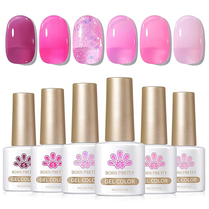 Born Pretty Jelly Pink Gel Nail Polish Milky Translucent Hot Pink Gel Polish Spring Summer Valentine's Day Gift Sheer Gel Polish Kit for Salon Manicure and Nail Art DIY at Home