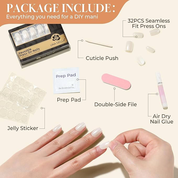 UNA GELLA Press On Nails Short: Chrome White Soft Gel Press Ons Kit with Nail Tips Glue on Nails, 16 Sizes - 32 Reusable Chrome Holographic Fake Nails Kit, Nude White