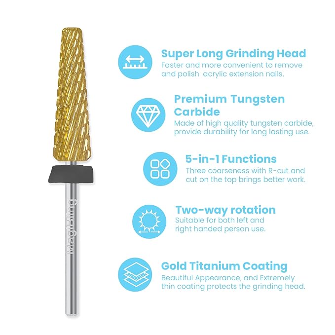 24mm Super Long 5-in-1 Tapered Barrel Nail Drill Bit, 3/32'' Tungsten Carbide E-File Bit for Fast Gel Removal & Long Nail Shaping, Two-Way Rotation Safety Bit for Acrylic Extensions, Extra Coarse