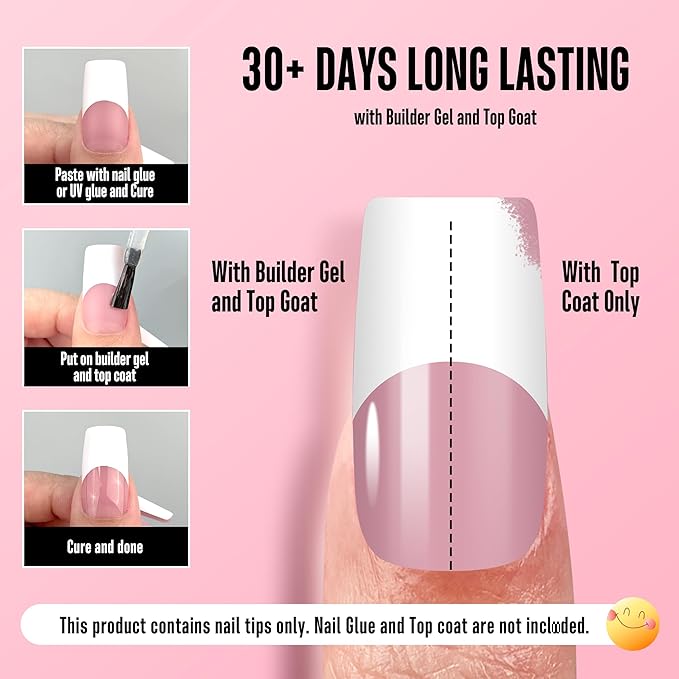 NOVO OVO Old School Wide White French Tip Nail Tips Press on, Medium Length Tapered Square BERRY PINK, Extra Thick Soft Gel Fake Acrylic Extension, Need Builder Gel, Top Coat, Glue 15 Sizes 240 pcs