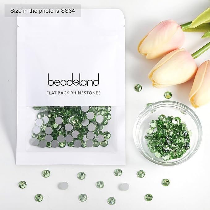 Beadsland Flat Back Crystal Rhinestones Round Gems for Nail Art and Craft Glue Fix, Light Green, 7.0-7.3mm, SS34/288pcs