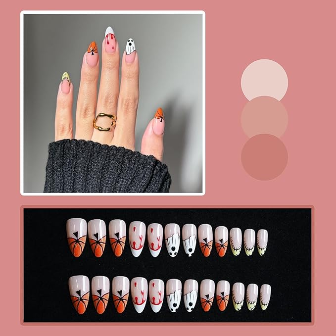 24 Pcs Halloween Press on Nails, French Almond Fake Nails, Glossy Acrylic False Nail with Ghost Pumpkin Blood Stain Designs, Stick on Nails for Women and Girls