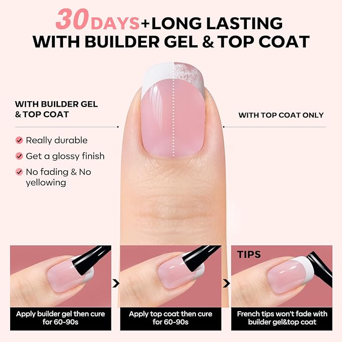Modelones Gel Nail Kit, Top Coat Nail Glue for Nail Tips Builder Nail Gel 160 PCS Short Brown Square French Tip Press on Nails with LED Light for Easy DIY Nail Art Kit