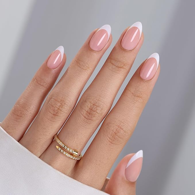 White French Tip Press on Nails Short - SHANGMENG Soft Gel Almond Nails for Women Gift, Fit Perfectly & Natural Glue on Nails in 16 Sizes - 32 Reusable Fake Nails with Glue, French White