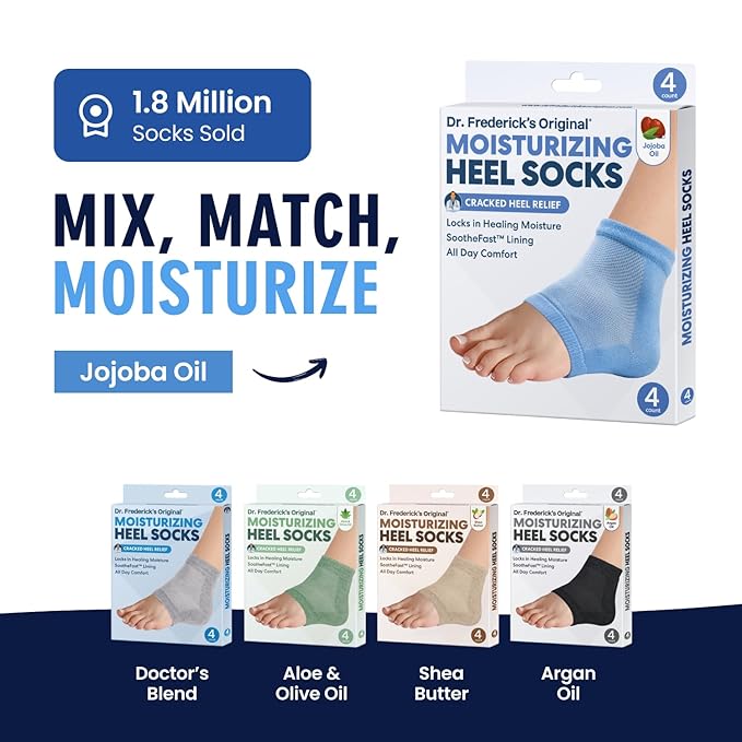 Dr. Frederick's Original Moisturizing Heel Socks for Dry Cracked Heels Treatment - Infused with Olive Oil, Jojoba Oil and Vitamin E - 2 Pairs - Valentines Day Gifts for Her & Him - Blue Jojoba
