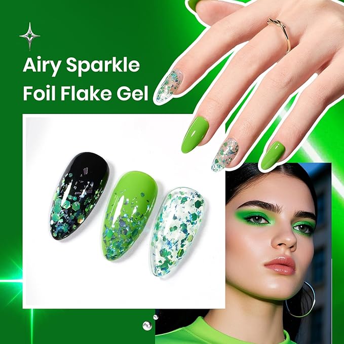 Beetles Neon Green Gel Nail Polish Set, Black Glitter Silver Brat Tribe Gel Polish with Rhinestones Soak off Uv Lamp Nail Festival Manicure Gift for Women