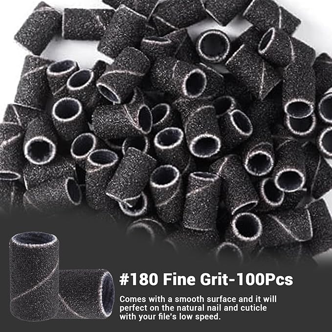 MelodySusie 100 Pcs Nail Drill Bits Sanding Bands for Nail Drill 180 Fine Grit Nail File Sanding Bands for Acrylic Nails Gel Manicures and Pedicure