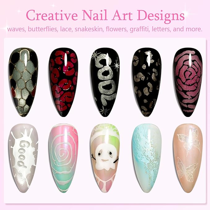 Magic Gel Nail Polish Kit, Black & White Poking Gel Polish with Poke Base Coat for Lace, Wave, Butterfly, Graffiti Letter Nail Designs, DIY Drawing Painting Manicure Supplies with Brush