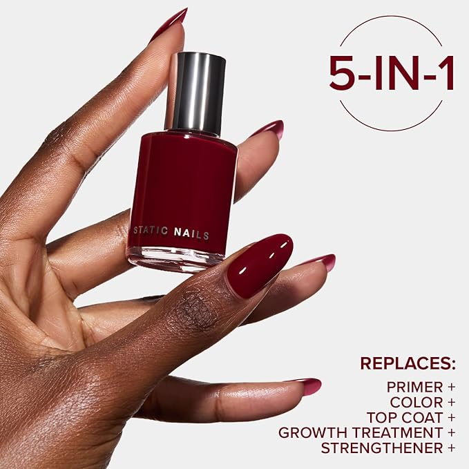 Static Nails 5-in-1 Rapid Growth Treatment Polish, Clinically Proven Hardener & Strengthener, Built-in Top & Base Coat, Quick Dry Formula, Repairs & Lengthens – Tongue Tied (Dark Cherry Red) 0.4 Fl Oz