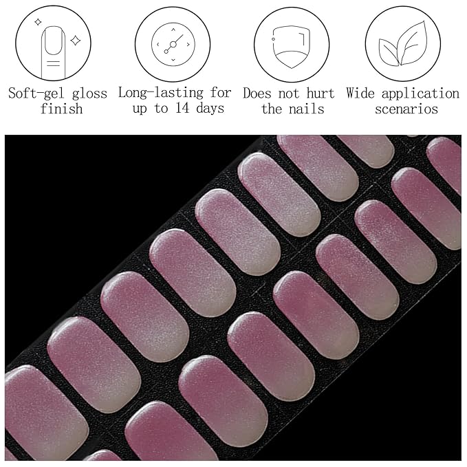 Chrome Hot Pink Semi Cured Gel Nail Strips 20Pcs Glitter UV Gel Nail Stickers Glossy Ombre Nails Polish Strips UV/LED Light Needed Self Adhesive Full Polish Nails Wraps for Women