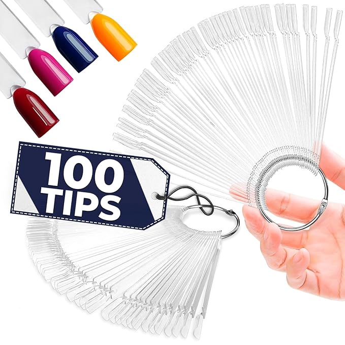100 Pcs Clear Nail Swatch Sticks - Smooth, Transparent Acrylic Color Swatches for Gel Polish with Metal Rings for Practicing Art - Works with Charms, Rhinestones, and Nail Art Striping Tape Lines