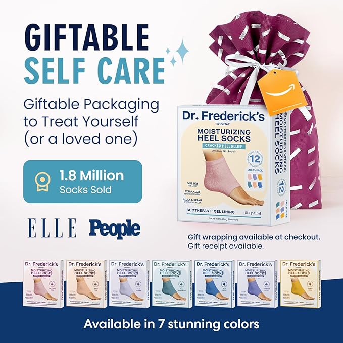 Dr. Frederick's Original Moisturizing Fuzzy Heel Socks for Dry Cracked Heels Treatment - Infused with Olive Oil, Jojoba Oil and Vitamin E - 6 Pairs - Stocking Stuffers for Adults - Variety Pack