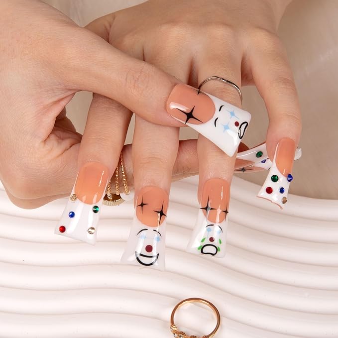 LOVFUL Press on Nails Clown | Handmade with Full Covered Crystals | Reusable Full Cover Nails | Duck Classic Regular 1.3 in | H139-L