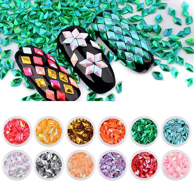Nail Art 3D Rhombus Glitter Sequins Diamond Shape Design Shiny Nails Tip Confetti Paillette Decoration for Nail Charming Face Body Hair Makeup 12 Colors