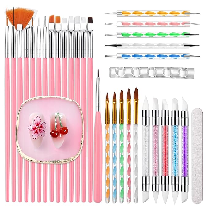 Nail Art Brushes Set: Nail Art Tools with 15Pcs Nail Design Brushes, 5Pcs Dotting Tools, 5Pcs Silicone & Sculpting Brushes, Resin Palette, Brush Holder, Nail File for Painting Nails