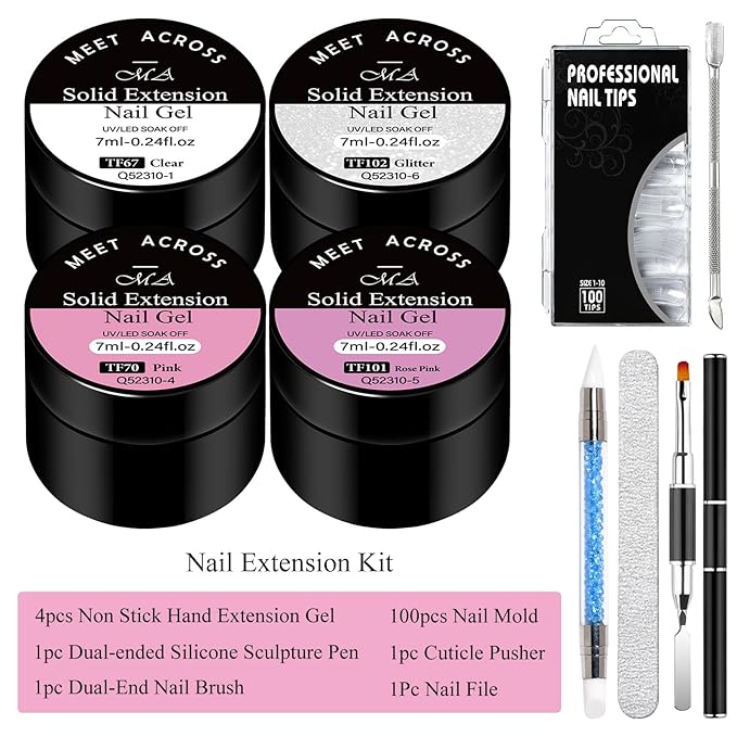 MEET ACROSS 9Pcs 3D Builder Gel Kit for Nail Art Pink White Sliver Non Sticky Hand Carving Extension Solid Builder Gel for Nails with Silicone Pen Manicure Kit 4 Colors