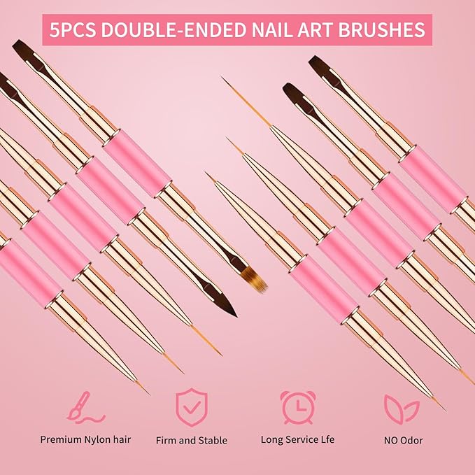 Nail Art Brushes Set - Professional 5pcs Double-Ended Acrylic Nail Art Brushes Liner Detail Thin Brushes For Drawing Design Brushes Gel Builder Brushes 3D Nail Art Tools (Pink)